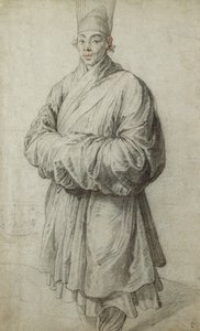 Un homme en costume coréen, portant un chapeau transparent en crin de cheval, presque en pied, un navire à gauche - Peter Paul Rubens