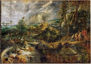 Paysage dans un orage avec Philémon et Baucis, Jupiter et Mercure, vers 1620 (huile sur bois) - Peter Paul Rubens