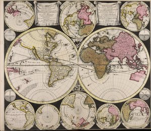 Diversa orbis Terrae visu incedente per coluros Tropicorum ambos ejus polos et particularis sphaerae zenith in planum orthographica projectio quibus additae pro variato horizonte omnium positionses eorumdemque mutua cum circulis caelestibus relatio  Plat O
