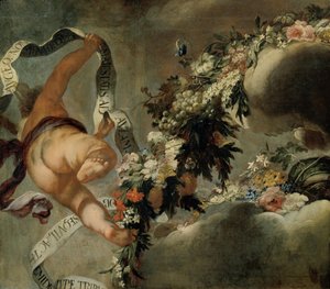 Putto avec filetage de fleurs et banderole