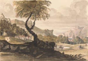 Scène vallonnée avec village et cavalier - Peter Tillemans