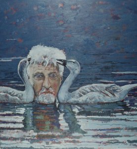 Conrad Lorenz avec des oisons, 2000 (huile sur toile) - Peter Wilson