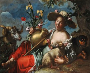 Une Bergère Allongée avec un Lapin, un Chien et un Bélier