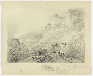 Figures et charrette à cheval dans un paysage avec falaises - Peter de Wint