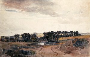 Paysage avec arbres et bovins près d