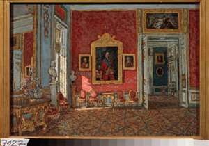 La salle cramoisie de dessin dans le château de Kouskovo (Moscou, Russie)