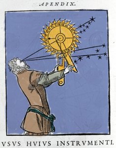 Dessin par Apianus (1539) Utilisant un dispositif pour calculer le temps en relation avec les étoiles la nuit. Cosmographia par Pietro Apiano, Paris 1551.