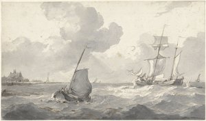 Deux-mâts et bateau de pêcheurs au large