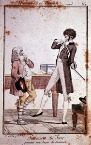 Manières et modes : Turcaret prenant une leçon de maintien, fin du XVIIIe siècle