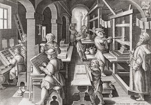 Une imprimerie européenne vers 1590 (gravure)