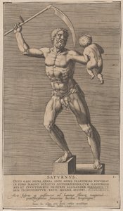 Planche 1 : Saturne, statue du dieu nu debout sur un socle, tenant une faux dans sa main droite, 1586
