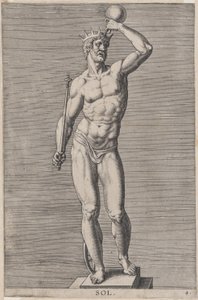 Apollon, statue du dieu nu debout sur un socle, portant une couronne et tenant un..., 1586