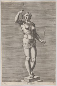 Diane, statue de la déesse nue debout sur un socle, portant un croissant de lune, 1586