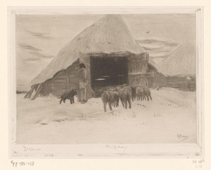 Berger menant un troupeau de moutons dans une grange (Grange dans la neige) - Philip Zilcken (signed by artist)