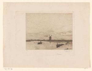 Canal avec barque dans un paysage de prairie avec moulin