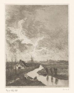 Paysage de prairie avec fossé, ferme et moulins (Environs de La Haye)