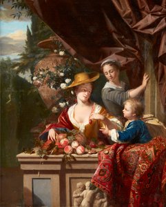 Figures élégantes sur une terrasse avec bol de fruits assortis - Philip van Dyck