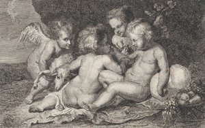 Un groupe de trois enfants et un putto avec des fruits et un agneau - Philippe Lambert Joseph Spruyt