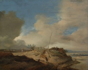Paysage de dunes avec un poteau de signalisation - Philips Wouwerman