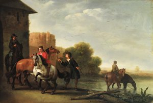 Cavaliers abreuvant leurs chevaux