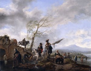 Un vaste paysage fluvial avec des soldats et un porte-étendard abreuvant leurs chevaux - Philips Wouwerman