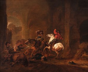 Bandits embusquant des voyageurs sur un chemin parmi des ruines, c.1635-50