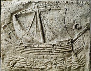 Art phénicien : bas-relief de sarcophage représentant un navire marchand