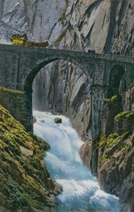 Voiture traversant le Teufelsbrucke sur les gorges de Schollenen en Suisse. Carte postale envoyée en 1913.