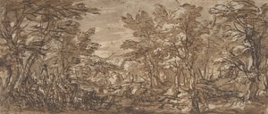 Scène de forêt, une halte à gauche, une chasse au centre - Pier Francesco Mola