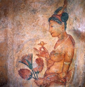 Apsaras, nymphe céleste offrant des fleurs, fresque, citadelle fortifiée de Sigiriya (Liste du patrimoine mondial de l