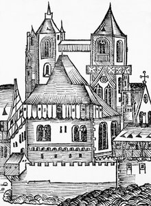 Abbaye de Montecassino, gravure allemande, tirée de la Chronique de Nuremberg (Liber Chronicarum) par Hartmann Schedel