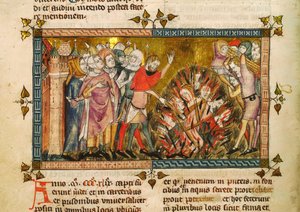 Brûlement des Juifs en 1349. Miniature de : Tractatus quartus par Gilles de Muisit