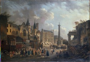 Spectacle forain à un carrefour imaginaire à Paris, vers 1770