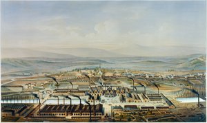 Vue des ateliers du Creusot et du Château de la Verrerie, lithographie d