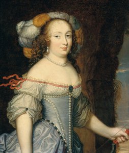 Portrait de Françoise Anthénaïs de Rochechouart de Mortemart, marquise de Montespan (1640-1707), mi-longueur, en Diane, portant une coiffe à plumes et tenant un arc dans sa main gauche