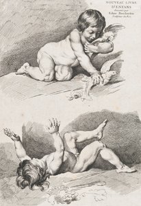 Deux enfants nus jouant avec une feuille, du Nouveau Livre des Enfants, 1720-60 - Pierre Alexandre Aveline