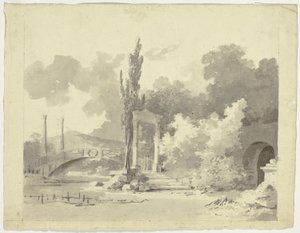 Vue du parc de Versailles : Pont en arc et abords à colonnes