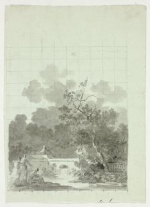 Vue du parc de Versailles : Pêche dans un étang près d