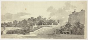 Vue du parc de Versailles : Escalier, Urnes et Topiaires