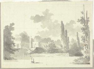 Vue du parc de Versailles : Escalier de la terrasse avec temple et colonne - Pierre Antoine Mongin