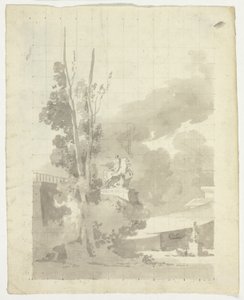 Vue du parc de Versailles : Terrasse, arbres et statue équestre