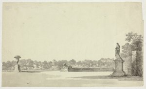 Vue du parc de Versailles : Terrasse avec urne, sphinx et statue féminine