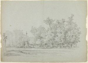 Vue du parc de Versailles : Paysage avec colonne commémorative et bosquet d