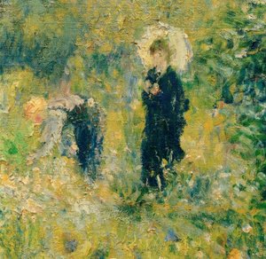 Femme avec parasol dans un jardin