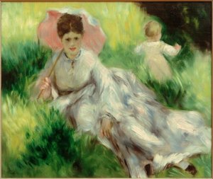 Femme avec parasol et enfant sur une pente ensoleillée