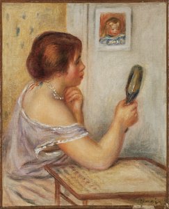 Gabrielle tenant un miroir ou Marie Dupuis tenant un miroir avec un portrait de Coco, début des années 1900 - Pierre Auguste Renoir