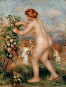Ode aux fleurs. Femme nue cueillant des roses à un rosier