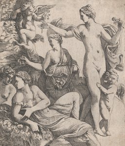 Vénus, debout avec les trois Grâces, reçoit une fleur d