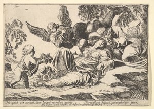 Anges donnant des fruits à la Sainte Famille endormie, 1610-42 - Pierre Brebiette