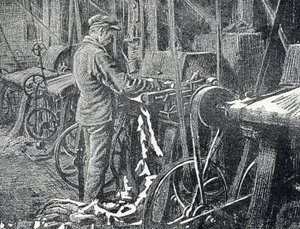 Industrie du cuir : tonte mécanique des fourrures, Gravure de "Excursion à travers les métiers" par Pierre Calmette - Pierre Calmettes